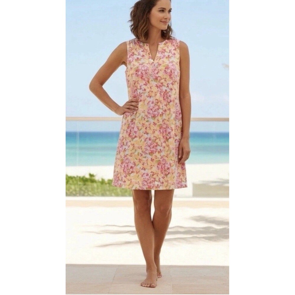J Jill Love Linen Floral Dress Sleeveless Pink Orange Pockets Sz Petite XS